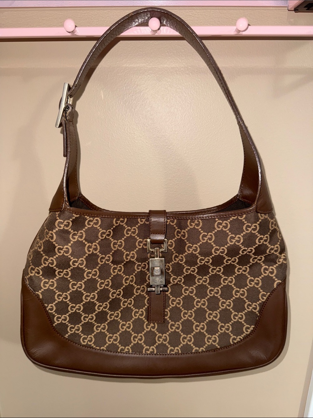 Gucci Authentic Brown GG Canvas Dark Brown Leather Shoulder Bag